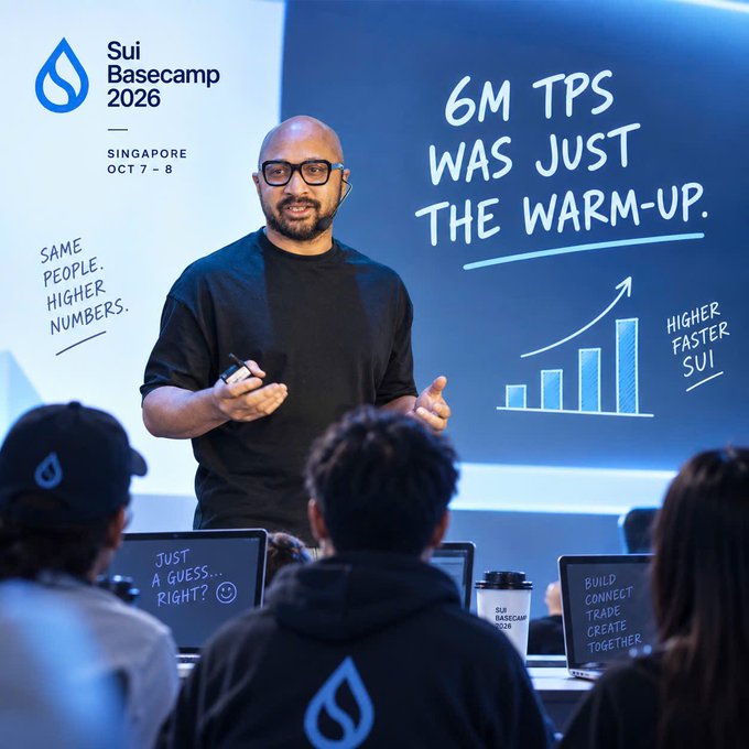 A man presents at the 'Sui Basecamp 2026' event in Singapore on Oct 7-8, with the slide reading '6M TPS WAS JUST THE WARM-UP' alongside an upward chart showing 'HIGHER FASTER SUI'.