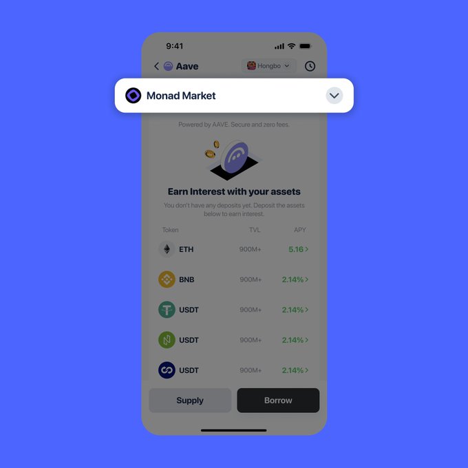 A mobile app screenshot on a blue background showing the Aave interface on the Monad Market, displaying a list of assets (ETH at 5.16% APY, BNB, USDT) with 900M+ TVL and Supply/Borrow buttons.