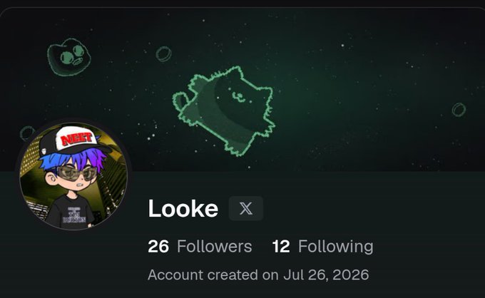 A social media profile page displays the username 'Looke' with a cartoon avatar of a blue-haired boy wearing sunglasses and a cap. The profile shows '26 Followers' and '12 Following', with an account creation date of 'Jul 26, 2026'.