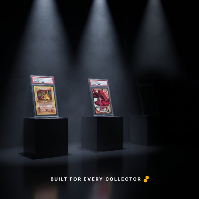 A promotional image displaying graded Pokémon trading cards, including Charizard, showcased on pedestals under spotlights with the text "BUILT FOR EVERY COLLECTOR."