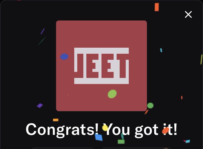 A digital celebration screen with confetti displays the JEET logo and the text 'Congrats! You got it!'.