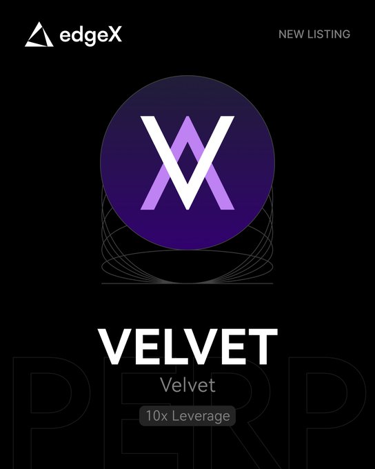 The image is an edgeX promotional graphic announcing a new listing for VELVET (Velvet), featuring its purple circular logo with a stylized "V" design, displayed against a black background with text highlighting "NEW LISTING" and "10x Leverage." The graphic directly corresponds to the post's announcement of VELVET being available as a new crypto perpetual contract on edgeX V2 with up to 10x leverage and 140% fee rewards.