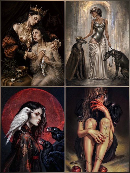 A four-panel dark fantasy artwork showing crowned women in elegant dresses accompanied by wolves, ravens, and gothic imagery.