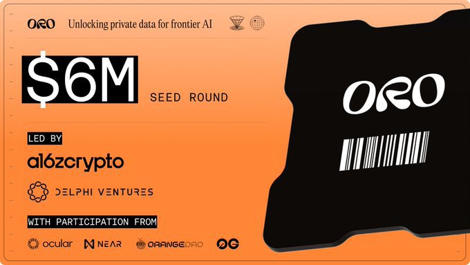 ORO AI (ticker: $ORO) announced a $6M Seed Round led by a16z crypto and Delphi Ventures, with participation from Ocular, NEAR, Orange DAO, and 1kx, supporting their mission of "Unlocking private data for frontier AI" — providing fundraising context in response to questions about their token generation event (TGE).