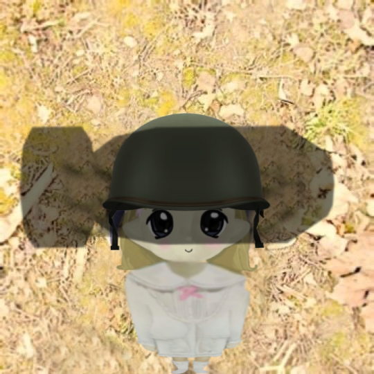 A chibi-style anime character with large expressive eyes and blonde hair wears an oversized black military helmet and white outfit, standing on leaf-covered ground with a cast shadow. The image relates to the "Milady" post as it depicts the iconic Milady NFT meme character in a whimsical, stylized 3D-rendered form.
