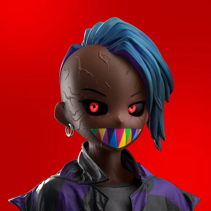 A stylized 3D character with cracked gray skin, glowing red eyes, and a colorful zigzag-patterned mouth covering wears a purple and black jacket against a bold red background. The image accompanies a post celebrating a personal favorite RTFKT CloneX NFT featuring a Demon DNA skin and Takashi Murakami "MK Drip" trait, noting it sold for 9 ETH shortly after the December 2021 mint.