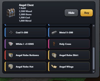 A video game shop interface displays an 'Angel Chest' for sale, with contents listed as Gold, Wood, Stone, Coal, and Metal, along with a list of purchasable items like 'White' and 'Angel Robe Bottoms.'