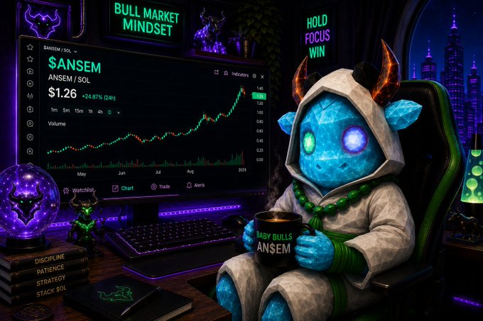An AI-generated scene of a blue, horned creature wearing a hoodie holding an 'ANSEM' mug, sitting at a crypto trading desk with '$ANSEM / SOL' chart and 'BULL MARKET MINDSET' neon sign.