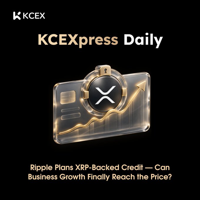 A promotional graphic for 'KCEXpress Daily' featuring a gold credit card with XRP logo and growth chart, with text: 'Ripple Plans XRP-Backed Credit — Can Business Growth Finally Reach the Price?'