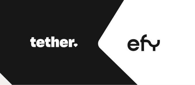 A logo graphic split diagonally between black and white sections, displaying 'tether.' on the left and 'efγ' on the right.