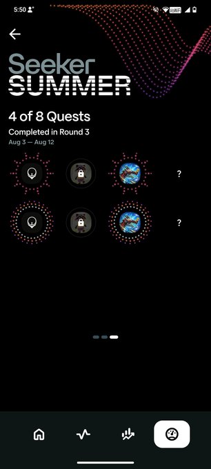 A mobile app screen titled 'Seeker SUMMER' shows '4 of 8 Quests Completed in Round 3' between Aug 3 – Aug 12, with locked and unlocked quest icons displayed.
