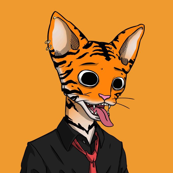 A stylized cartoon cat with wide eyes and its tongue out is dressed in a black suit and red tie against an orange background. It accompanies a post asking active Sunday participants to submit their SOL wallets for a 0.6 SOL giveaway, with the winner announced in four hours.