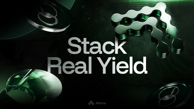 The image features a banner with the text "STACK REAL YIELDS" above two images that appear to represent coins or tokens, possibly stock market symbols. The content below the main banner suggests that this is an advertisement related to financial services or investments where users can potentially earn extra APYs by participating in the suggested activities.