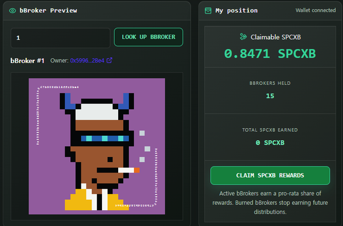 A screenshot of a cryptocurrency interface showing a 'bBroker Preview' of pixel art character #1 and a 'My position' panel with '0.8471 SPCXB' claimable rewards.