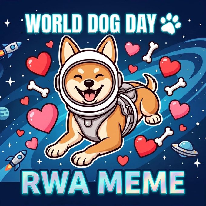 Colorful 'WORLD DOG DAY' meme graphic featuring a cartoon Shiba Inu dog dressed as an astronaut floating in space with hearts, bones, and rockets, branded as 'RWA MEME'.