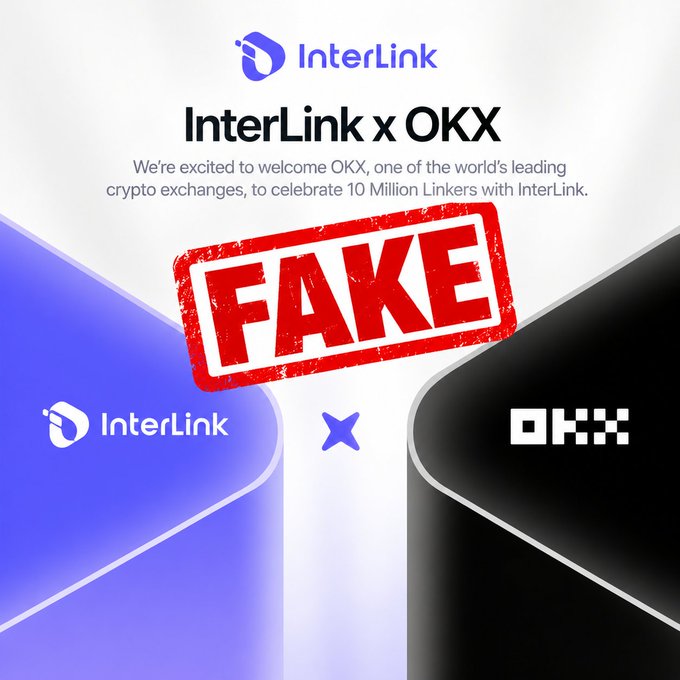A graphic shows “InterLink x OKX” announcing OKX as a partner to celebrate “10 Million Linkers,” overlaid with a large red “FAKE” stamp. It illustrates the post’s allegation that the claimed partnership may involve affiliate links rather than a genuine InterLink–OKX collaboration.