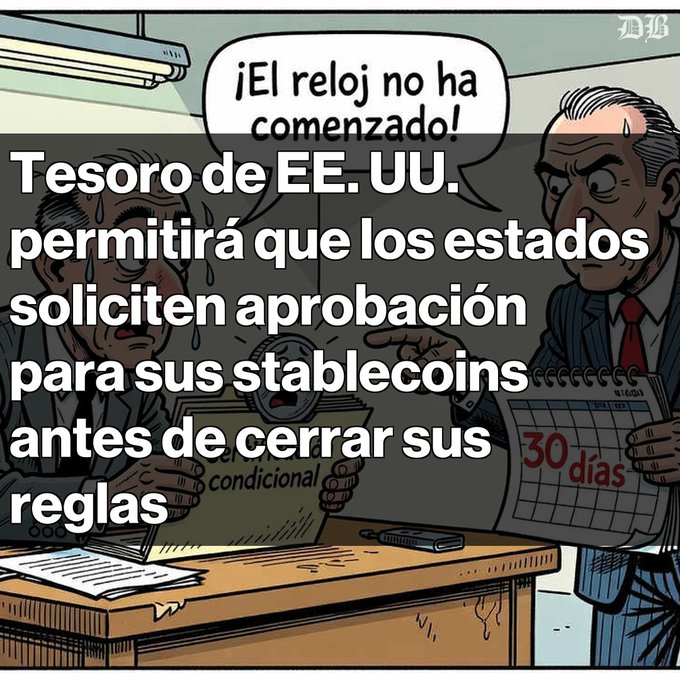 A Spanish-language news graphic with the headline 'Tesoro de EE. UU. permitirá que los estados soliciten aprobación para sus stablecoins antes de cerrar sus reglas', featuring cartoon businessmen in a meeting setting.