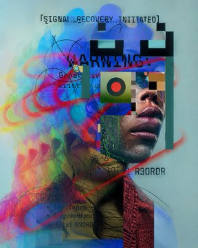 A digital art collage featuring a portrait of a person with glitch and pixelation effects, colorful paint splatters, and text including '[SIGNAL_RECOVERY_INITIATED]', 'WARNING', and 'R3DRDR'.