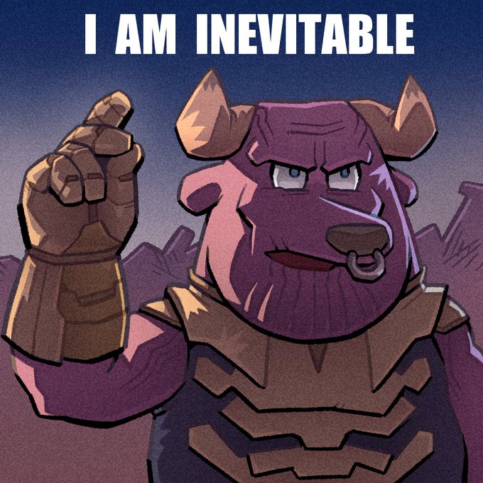 A cartoon pig character with a nose ring points forward with the text 'I AM INEVITABLE' at the top.