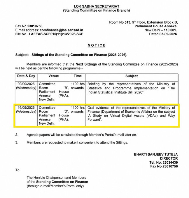 A notice from the Lok Sabha Secretariat (Standing Committee on Finance Branch) dated 03-09-2026 scheduling a September 16, 2026 sitting at 1100 hrs in Committee Room 'D', Parliament House Annexe, where oral evidence will be taken from the Ministry of Finance (Department of Economic Affairs) on "A Study on Virtual Digital Assets (VDAs) and Way Forward." The image directly substantiates the post's claim about India's parliamentary committee revisiting crypto/VDA policy.