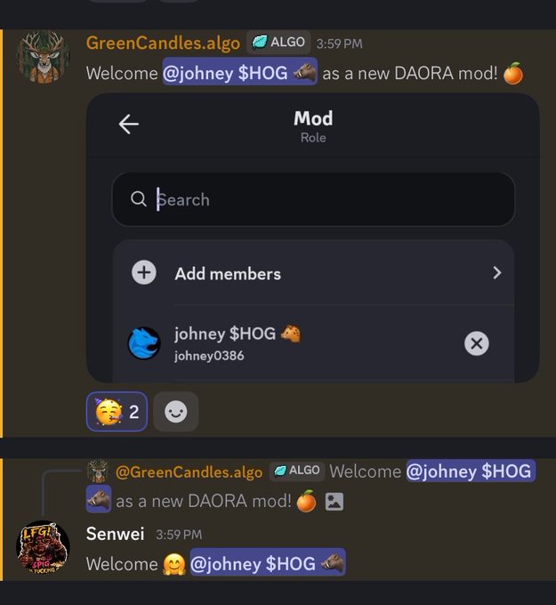 Discord screenshots showing GreenCandles.algo welcoming @johney $HOG (johney0386) as a new DAORA mod, with reactions and additional welcome messages from Senwei.