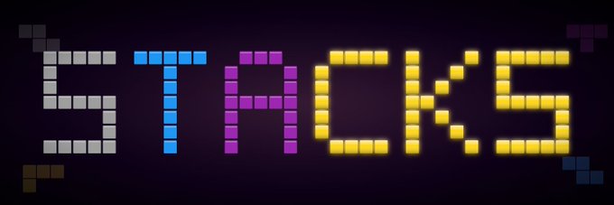 The image features a banner with the word "Stacks" written out in neon colors, including blue, purple, yellow, and pink. The text is displayed against a dark background, making it stand out prominently. Below the banner, there's a post announcing a contest for followers to enter by entering their email address or social media handle: "@coinmemes" & "@stacksnft_". This post also mentions that the contest has a total prize of 40 GTD and encourages users to share the post with their friends on Twitter.