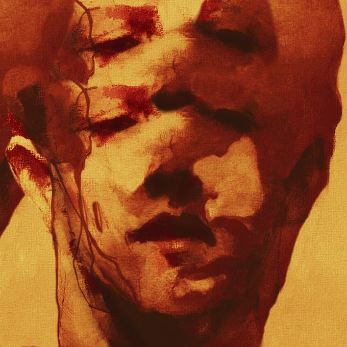 A painting featuring a face-like form rendered in warm, sepia-toned hues with fluid, organic washes that evoke a sense of dissolution and impermanence, visually echoing the artwork's title "I Learned to Vanish Without Leaving," which was sold as a 1/1 NFT to collector @SecureCypher on @objktcom.