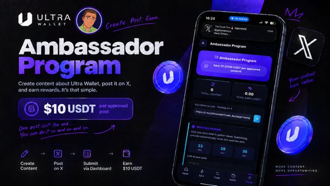 The image is a promotional graphic for the Ultra Wallet Ambassador Program, advertising $10 USDT per approved post (max 2 daily) for creating content about the wallet on X (formerly Twitter), and showing a mobile app interface displaying an Ambassador Program dashboard with 23 days, 28 hours, and 36 minutes remaining in a vetting period. It complements the post by highlighting Ultra Wallet's creator monetization features available within its Telegram Mini App ecosystem.