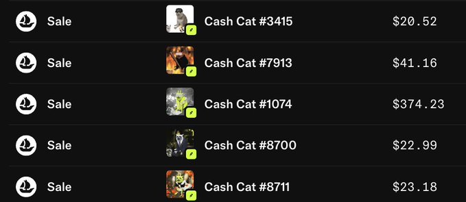 The image shows a transaction history of five "Cash Cat" NFT sales on what appears to be Robinhood Chain, with prices ranging from $20.52 to $374.23 (including Cash Cat #3415, #7913, #1074, #8700, and #8711), illustrating the recent sales activity of the @cashcatss collection following the first 0.2 ETH sale on a free mint.