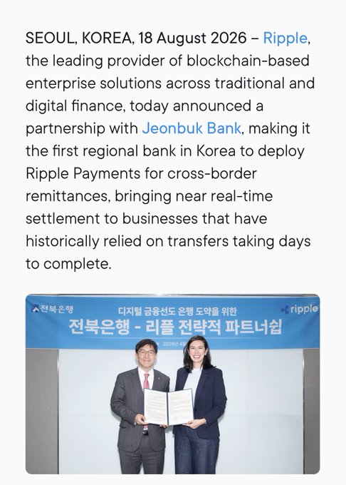 Ripple announces a partnership with Jeonbuk Bank, making it Korea's first regional bank to deploy Ripple Payments for cross-border remittances. The image shows executives from both companies holding signed partnership documents dated April 2020, commemorating their strategic collaboration.