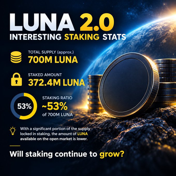 A promotional infographic for LUNA 2.0 displays staking statistics against a cosmic backdrop featuring stacked gold coins, highlighting a total supply of approximately 700M LUNA with 372.4M LUNA staked, representing a 53% staking ratio. The image reinforces the post's key message about limited open-market availability and poses the question, "Will staking continue to grow?"