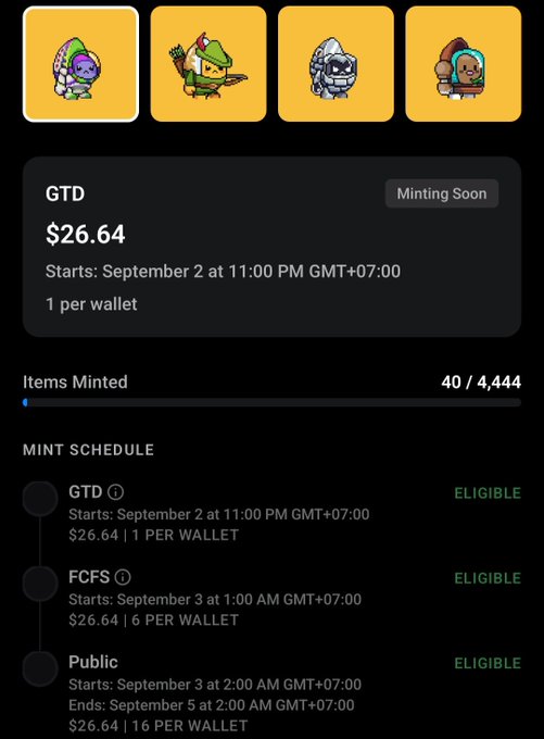 An NFT minting schedule page showing GTD, FCFS, and Public mint phases, with prices of $26.64 and 40 out of 4,444 items minted.