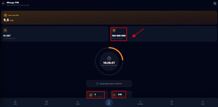 The image shows the PIM Mining dashboard with a total supply of 100,000,000 PIM tokens, a 24-hour mining session timer at 18:26:37, and an option to claim 9 PIM, illustrating the daily +5 PIM reward system mentioned in the PiMobiPay update for KYC-verified Pioneers.