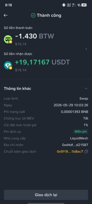 A successful cryptocurrency swap confirmation screen showing -1.430 BTW (~$19.14) paid in exchange for +19.17167 USDT (~$19.14), executed on 2026-05-29 at 10:03:26 with additional transaction details below.