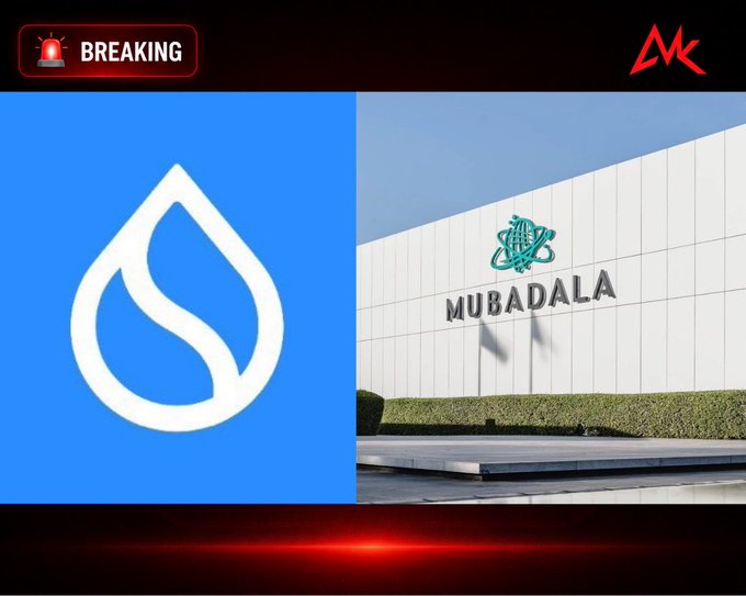 A breaking news graphic showing the Sui logo alongside a photo of the Mubadala building with its logo displayed.