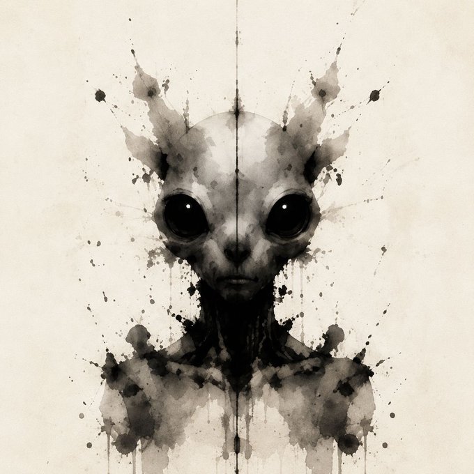 The image features a black and white illustration of an alien head with large eyes, giving it a creepy appearance. The background appears to be a plain white surface, which contrasts with the dark figure of the alien. There are watercolor splatters on the paper, adding texture and depth to the artwork. The caption at the bottom of the image reads "Turn your notifications on Fastest hands will get in." This message seems unrelated to the art piece but could be a reference to the importance of being attentive or focused while using digital devices.