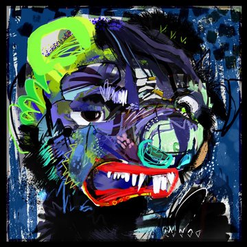 A colorful, abstract painting of a face with vivid blue, green, and red brushstrokes against a dark background.