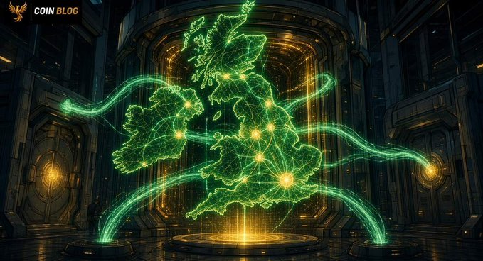 The image displays a glowing green holographic map of the UK and Ireland, depicted with a network of bright nodes connected by luminous lines, set against a futuristic, tech-inspired backdrop. In the top left corner, the "COIN BLOG" logo with a stylized bird icon is visible, symbolically representing Robinhood's expansion into the UK market as a hub of interconnected crypto liquidity.