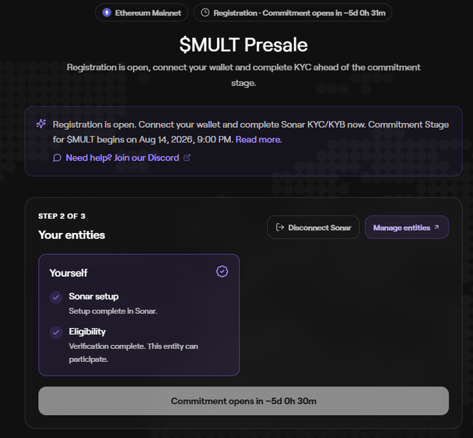 $MULT Presale registration page on the Ethereum Mainnet, indicating commitment opens in ~5d 0h 31m and the commitment stage begins Aug 14, 2026, 9:00 PM, with Sonar setup and eligibility verification complete.
