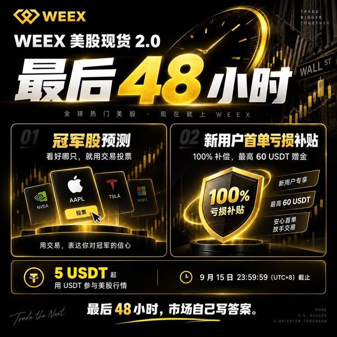 This promotional image from WEEX announces the final 48 hours of their US Stocks Spot 2.0 event, featuring two main activities: "Champion Stock Prediction" (champion stock prediction) with tickers like NVDA, AAPL, TSLA, and MSFT available for trading predictions, and a new user first loss subsidy offering 100% compensation up to 60 USDT, with participation starting at 5 USDT and the deadline being September 15 at 23:59:59 (UTC+8). The post's caption aligns with the image by emphasizing the closing window for these prediction and newbie trading activities, highlighting popular stocks like NVDA, MU, TSLA, and AMD as examples of the champion stock predictions users can make.