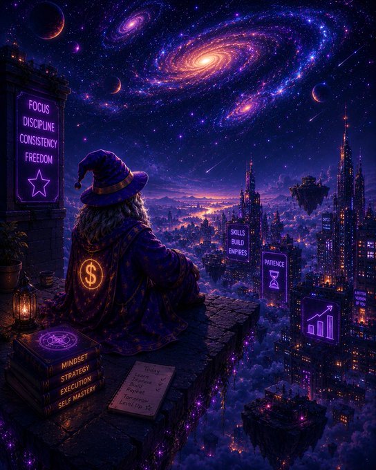 A fantasy digital illustration of a wizard with a dollar sign on his robe looking out over a neon-lit, futuristic city floating in space, surrounded by glowing signs reading 'FOCUS, DISCIPLINE, CONSISTENCY, FREEDOM' and 'SKILLS BUILD EMPIRES'.