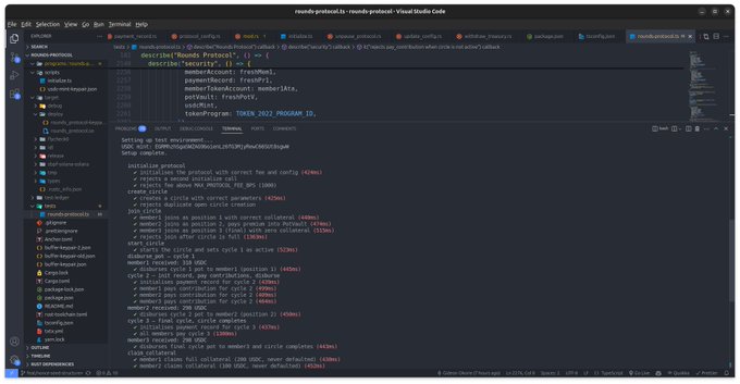 A Visual Studio Code window displays a Nebula Protocol smart contract written in Solidity, showing code for a launchpad contract with functions like 'initialize' and setup completed in 4198ms.