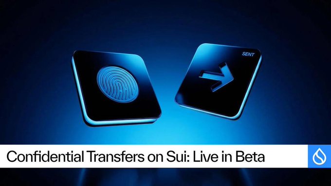 The image features two blue squares, each containing a finger impression, which are part of a larger image that reads "Confidential Transfers on Sui. Live in beta. The moment we've been waiting for on @SuiNetwork is coming in bit by bit. Confidential Transfers are now live on @SuiNetwork Devnet and in beta phase too." This text suggests that the image is related to a post about confidential transfers, specifically those involving Sui, and it is currently in beta testing or development stage. The image serves as an eye-catching visual representation of the concept being discussed in the post.