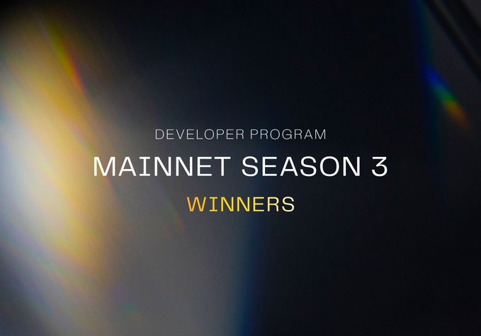 A dark atmospheric graphic with lens flare effects displaying the text 'DEVELOPER PROGRAM MAINNET SEASON 3 WINNERS' with 'WINNERS' highlighted in yellow.