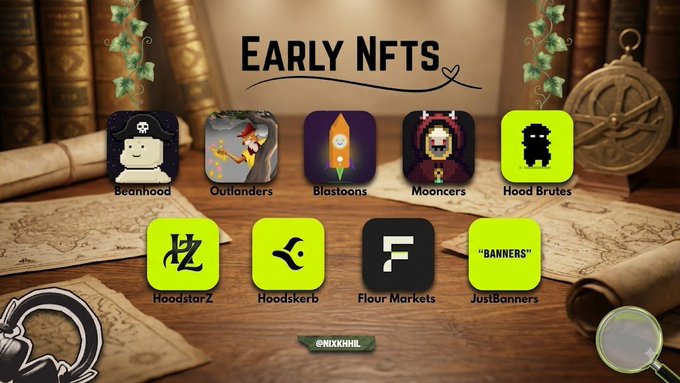 The image showcases "Early NFTs" with nine featured projects displayed as icons: Beanhed, Outlanders, Blastoons, Mooncers, Hood Brutes, Hoodstarz, Hoodskerb, Flour Markets, and JustBanners ("Banners"), set against a backdrop of antique maps, books, and a compass.

This image relates to the post by providing a visual list of early NFT projects that the author is recommending for potential opportunities in the NFT space.