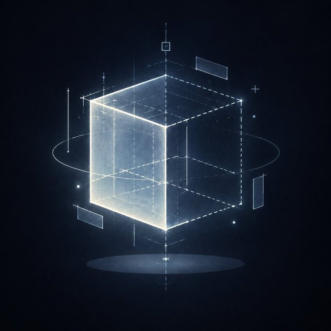 A digital illustration of a glowing 3D wireframe cube floating on a dark background, surrounded by geometric shapes, technical lines, and measurement markers, giving a futuristic or schematic appearance.