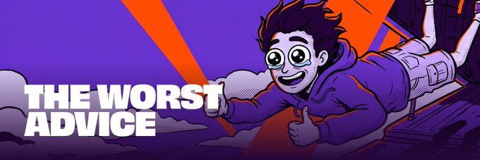 The image shows a cartoon character with large expressive eyes, wearing a purple hoodie and giving a thumbs-up, alongside bold white text reading "THE WORST ADVICE" against a purple and orange geometric background. This visually reinforces the post's central argument that the popular "just ship it" mentality—while celebrated in crypto and builder culture as efficient—can actually be dangerous advice.