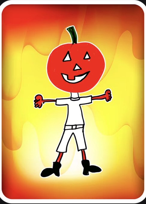 A cartoon illustration of a pumpkin-headed figure with a jack-o'-lantern face wearing a white t-shirt and shorts against a fiery orange and yellow background.