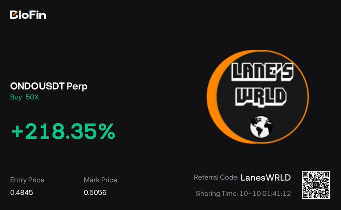 A BloFin trading screen showing ONDOUSDT Perp with a +218.35% gain, entry price 0.4845 and mark price 0.5056, featuring a "LANE'S WRLD" referral logo and QR code.