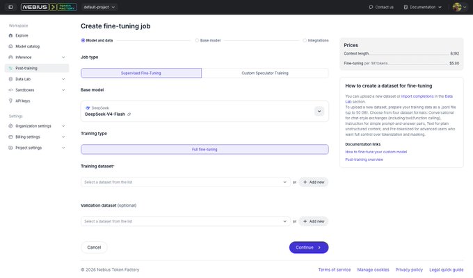 A screenshot of the Nebius Token Factory interface showing a 'Create fine-tuning job' page with options for DeepSeek-V4-Flash model and Supervised Fine-Tuning selected, displaying current length pricing at 6,192.